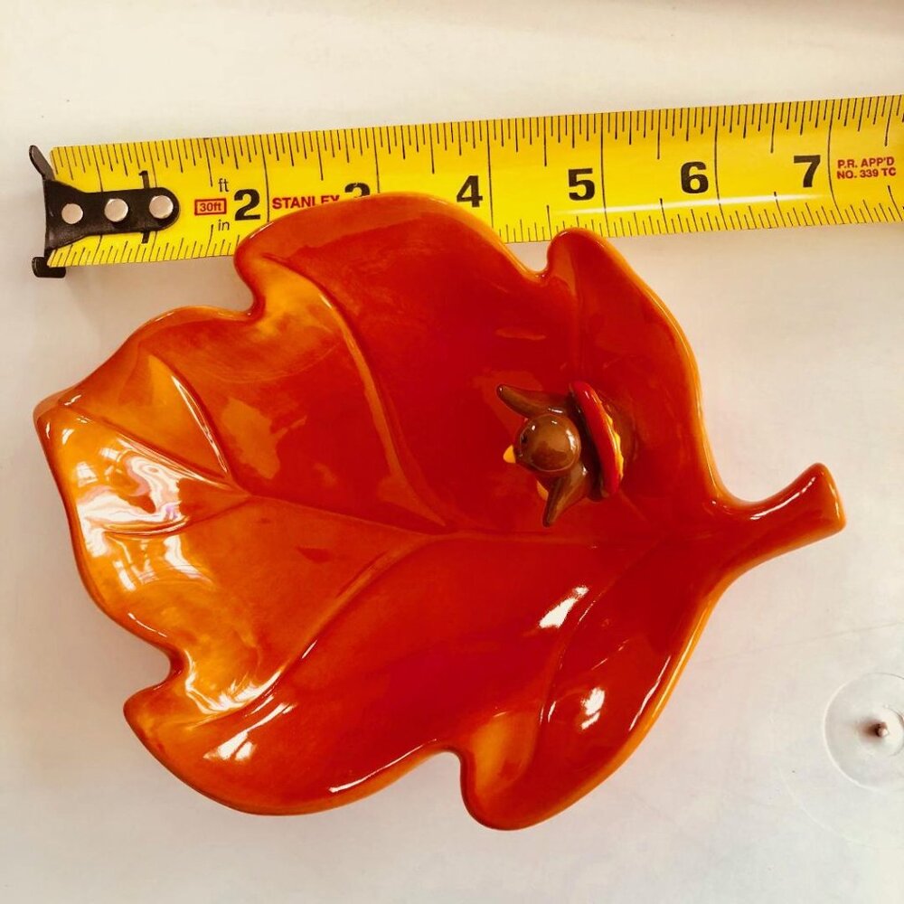 Russ, Adorable, Ceramic, Orange Leaf Trinket Dish with Small Turkey, appx 6"x7" - Picture 8 of 10